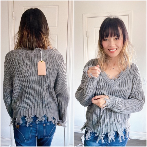 #41 Cozy V neck Distressed Frayed Oversized Sweater Top - Picture 7 of 9